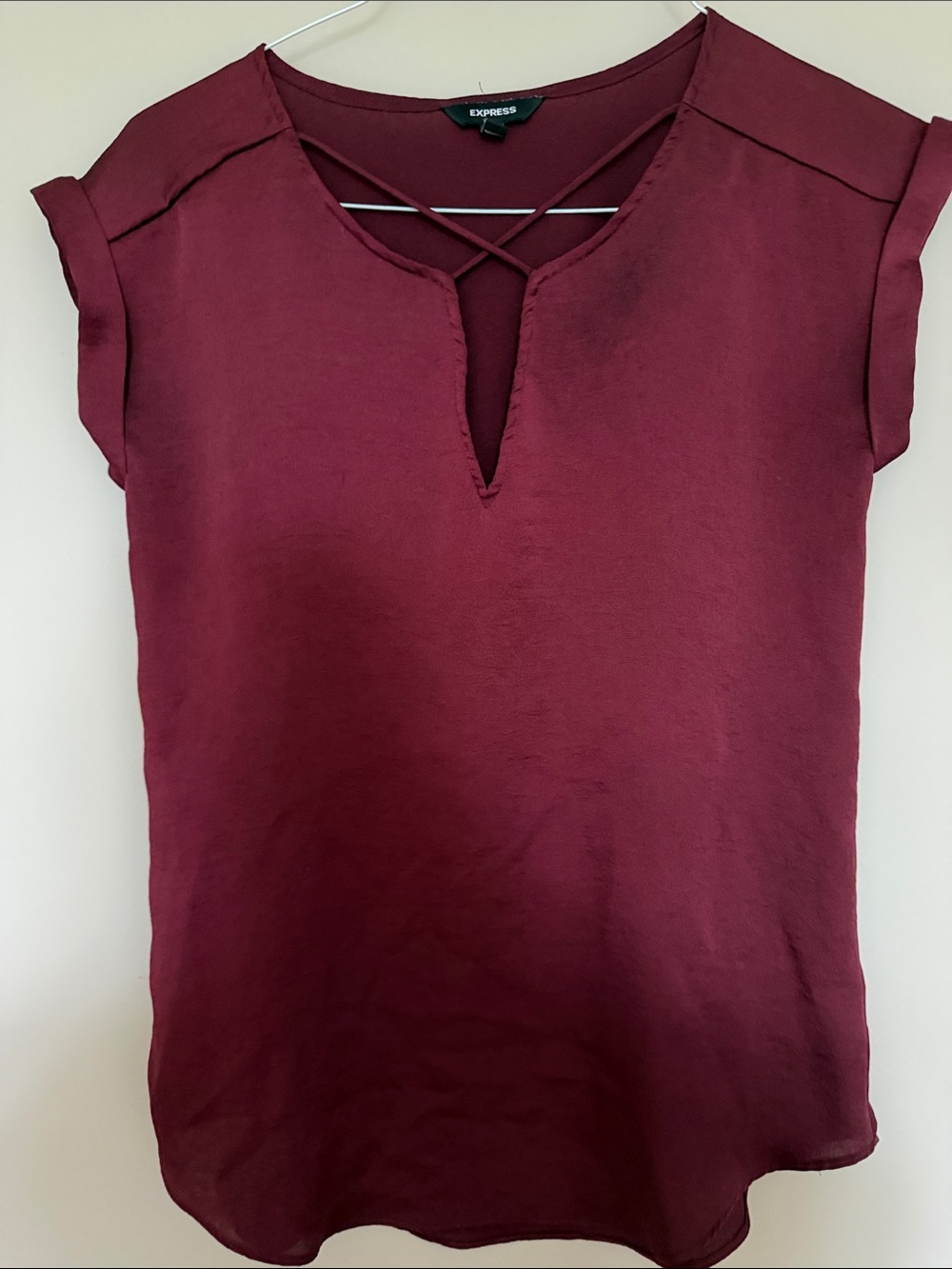 Express Women's Burgundy Crisscross Split V-Neck Cap Sleeve Blouse